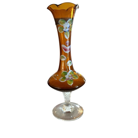 Bohemian Amber Czech Glass Bud Vase 8" Enamel Floral Decoration Hand Painted - Picture 3 of 7